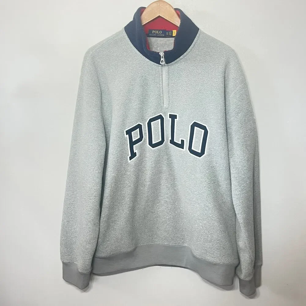 Polo Ralph Lauren 1/4 Zip Fleece USA Flag Gray Navy Pullover Preppy Spellout XL
